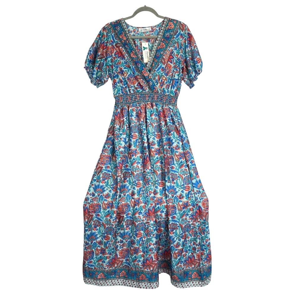 Lapogee Vibrant Blue Floral Print Maxi Dress L Metallic Detail Silky India NWT